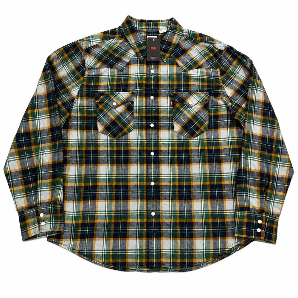 Levis Classic Western Standard Fit Pearl Snap Flannel Shirt Mens XXL Green Plaid